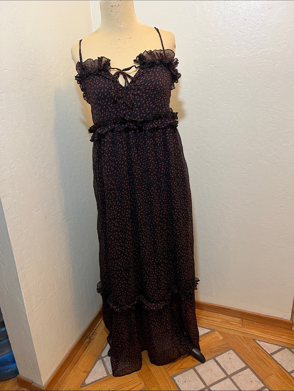 Urban Outfitters Black Floral Ruffle Maxi Dress
